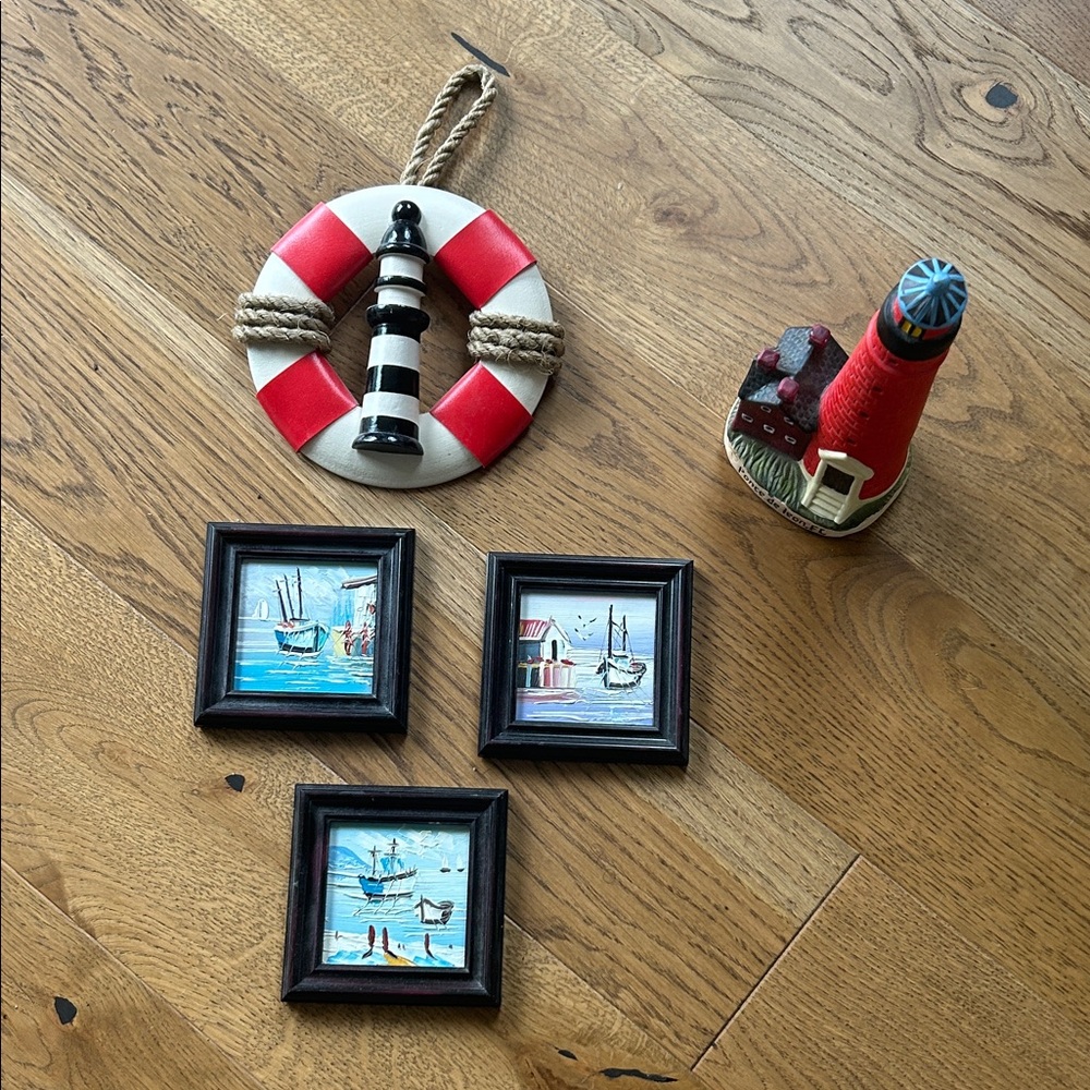 Nautical Lighthouse & Life Ring Wall Decor Set - Red, White, Black